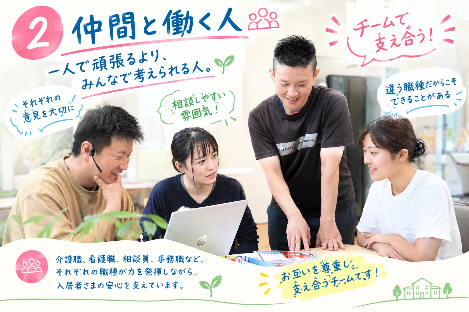 ②仲間と働く人。テーブルを囲んで話し合う職員たち