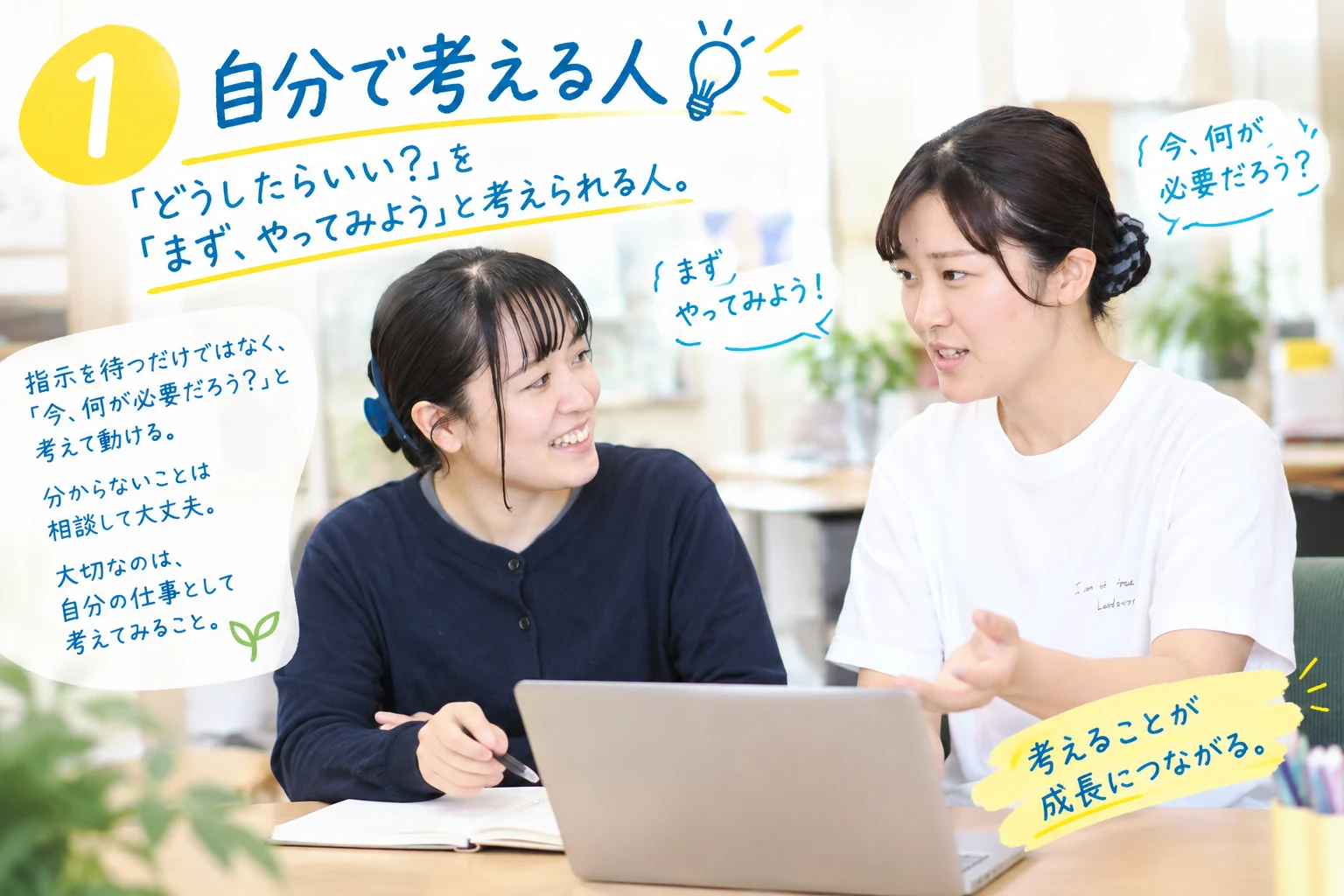 ①自分で考える人。パソコンを前に相談する職員たち